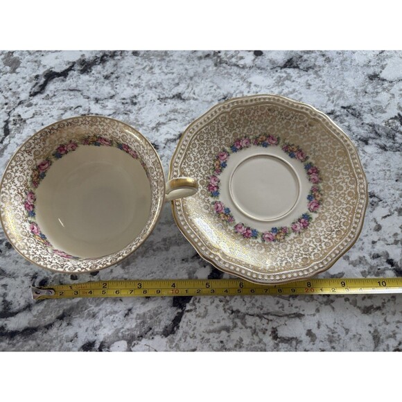 Vintage Rosenthal Bavaria Ivory Germany Floral Footed Tea Cup Saucer Gold Accent - Picture 11 of 12